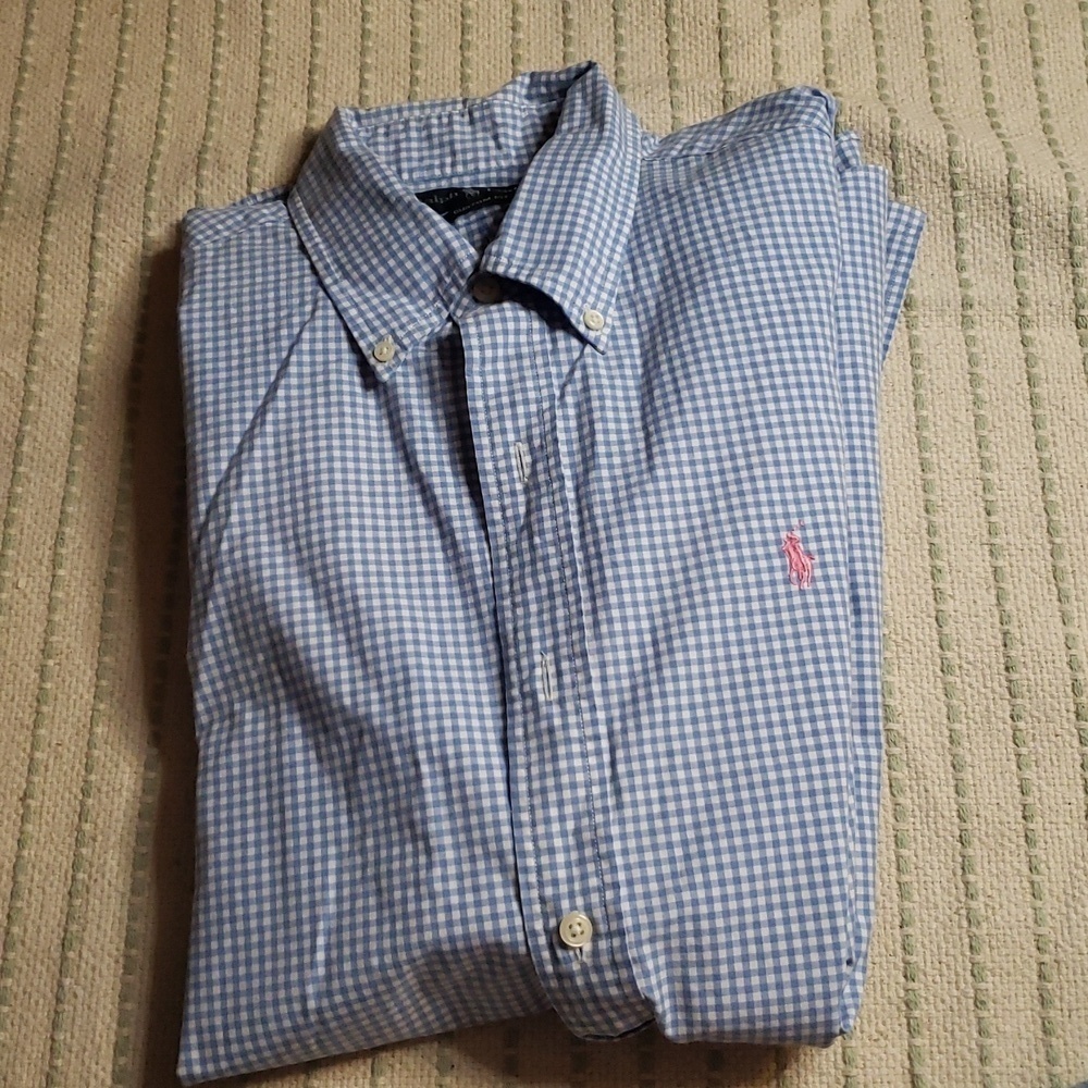 Ralph Lauren men's babyblue/white pink logo button down longsleeve large